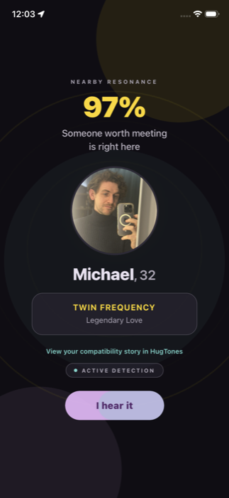 HugTone proximity match screen showing 97% nearby resonance